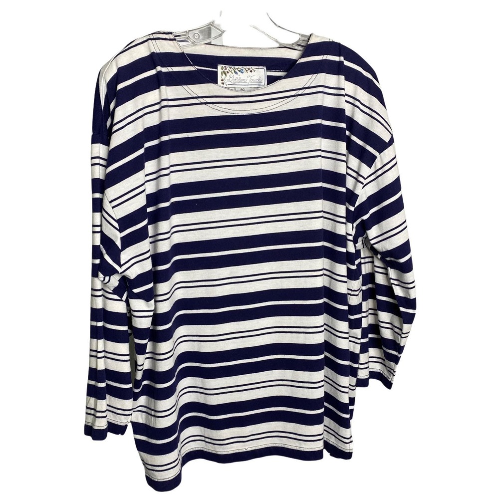 Golden Touch Women's Boxy-Fit Top Long Sleeve Blue White Striped Scoop‎ Neck 24W